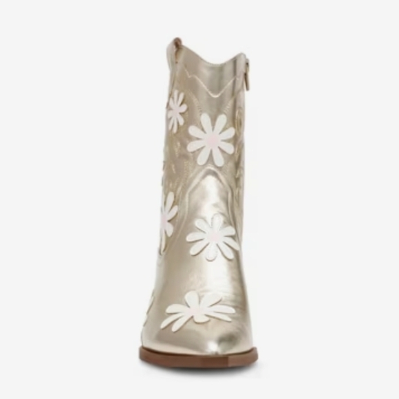 💛🔹️Betsey Johnson🔹️ Teddyy Gold Heeled Western Boots with Floral Design - Picture 3 of 7